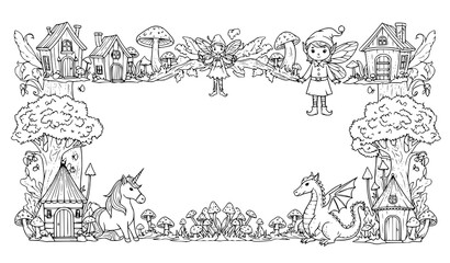 Woodland fairytale frame vector set with fairy houses trees elf unicorn dragon for magical invitation and coloring design © ema
