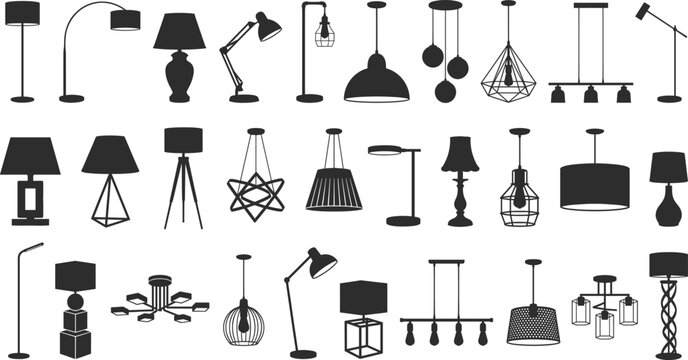Modern lamp silhouettes collection featuring floor lamps, pendant lights, chandeliers, desk lamps and ceiling fixtures, black vector set for interior lighting design and decor