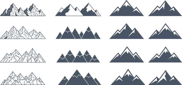 Mountain icons set, minimal and detailed peak shapes in outline and solid styles, black vector collection for nature, landscape, travel and outdoor design use