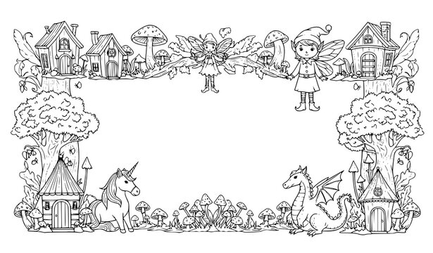 Woodland fairytale frame vector set with fairy houses trees elf unicorn dragon for magical invitation and coloring design