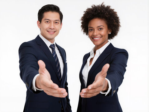 Professionals greeting each other with warm smiles in a bright space
