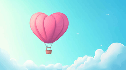 Obraz premium A heart-shaped hot air balloon floats in a light blue sky with white clouds and a few flying birds