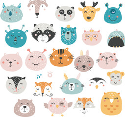 Obraz premium Collection of Cute Cartoon Animal Faces animals illustration
