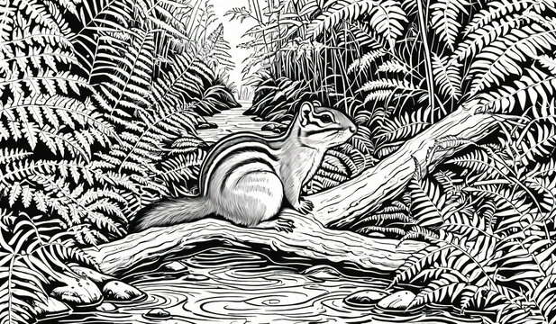 Black and white coloring book page, A chipmunk floating awkwardly in a lush fern covered ravine,