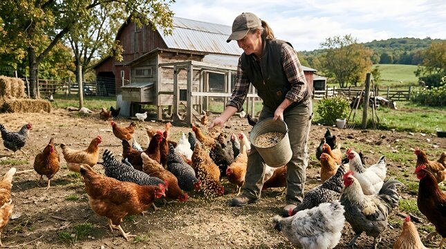 Farmer feeding chickens on a farm with a rustic barn and coop