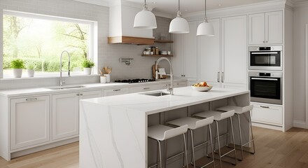 Fototapeta premium Modern white kitchen with island, sleek cabinetry, and large window overlooking greenery.