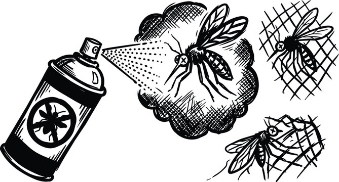 Black and white line art spray can killing mosquitoes with dotted cloud and crossed eye insects