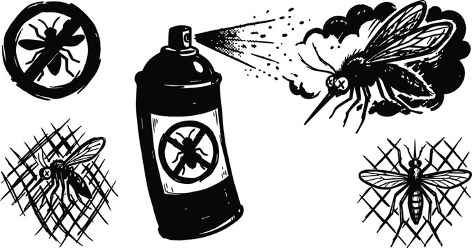 Black and white spray can killing mosquito with mesh trapped insects vector art