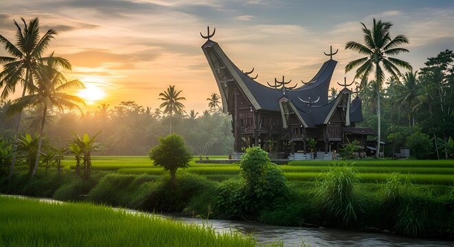 Traditional Batak House Amidst Lush Rice Fields at Sunrise, Sumatra