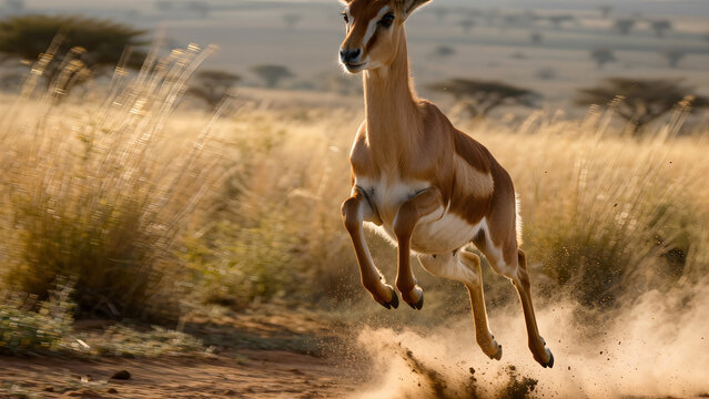 Springbok antelope jumping in the savanna, concept of speed and freedom.