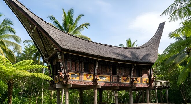 Traditional Batak House with Unique Curved Roof in Lush Tropical Landscape