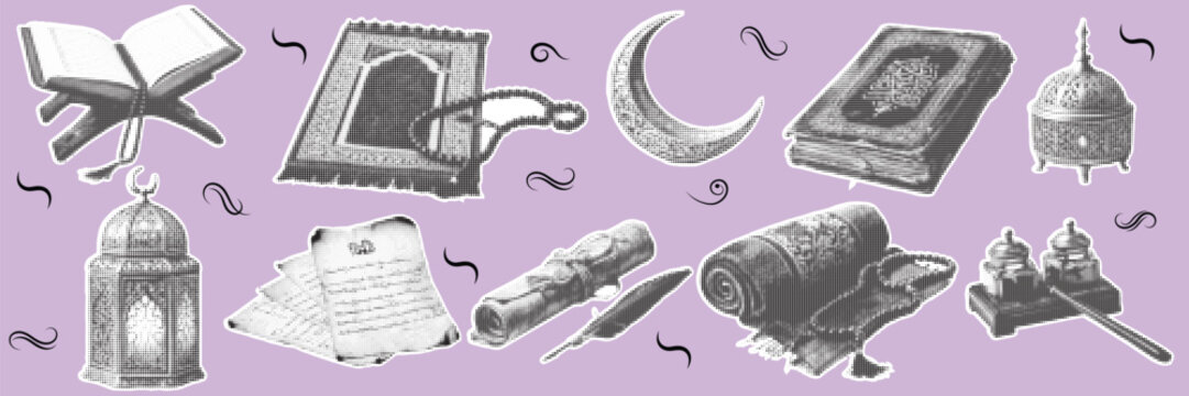 halftone pop art islamic culture elements set with quran lantern crescent knife and religious objects collection