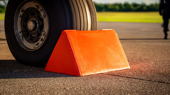 Aircraft wheel with orange chock on tarmac ideal for corporate presentations and B2B marketing