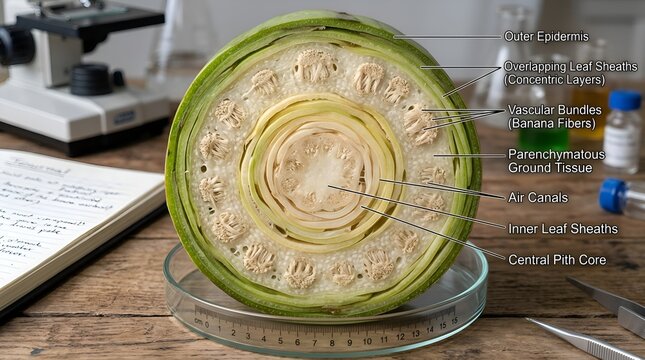 Cross-section of Banana Stem with Labels: Botany Science, Plant Anatomy Study