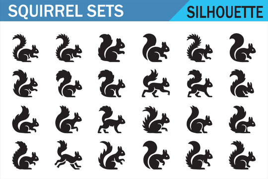 Squirrel silhouette set with multiple poses and bushy tails isolated on white background