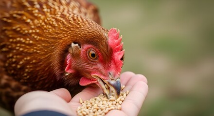 Fototapeta premium Close-up of a brown hen eating grain from a person's open hand, farm animal feeding