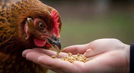 Fototapeta premium Close-up of a brown chicken eating grain from a person's outstretched hand