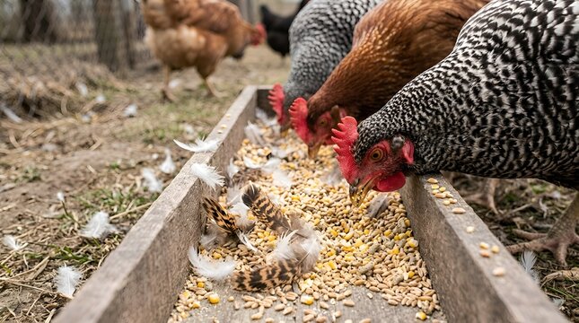 Chickens eating from a wooden trough, farmyard scene, birds foraging for feed