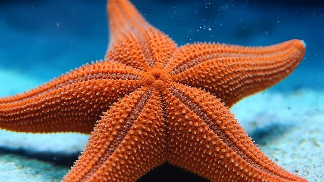 Close-up of an orange starfish underwater; ocean life and detail