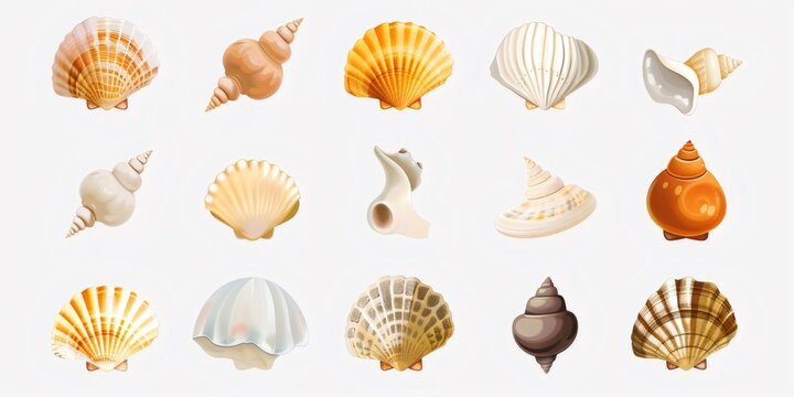 Seashells collection showing various types of marine mollusks