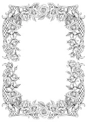 Obraz premium Floral Vintage baroque frame Roses flowers Toile illustration. Vector background for design greeting card, wedding decor, invitation, book cover, save date. Hand drawn engraving elements black white