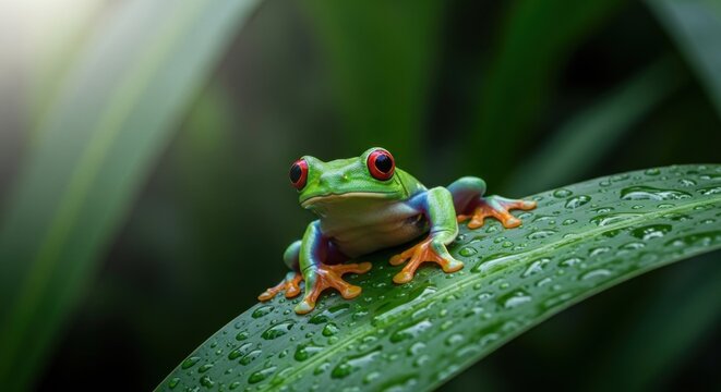 A beautiful red eyed tree frog resting on a vibrant green leaf