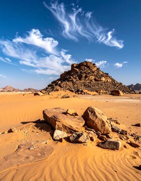 Desert landscape rocky hill under wispy clouds with large foreground rocks