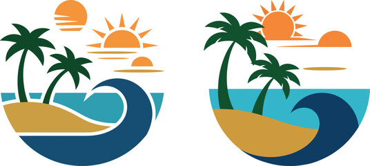 Stylized tropical island scene with palm trees and crashing waves under a bright sun © md manik hossain