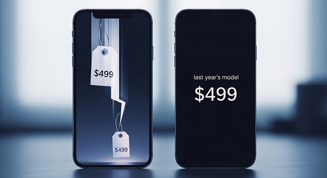 Comparison of two black smartphones showing price tags of four hundred ninety nine dollars for last year model representing market value and consumer electronics pricing strategy on blurred studio.
