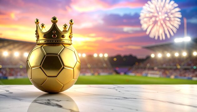 &ldquo;Golden soccer ball crowned in brilliance, stadium lights and fireworks erupting, symbol of supremacy, victory, and the exalted spirit of play elevated to royalty.&rdquo;
