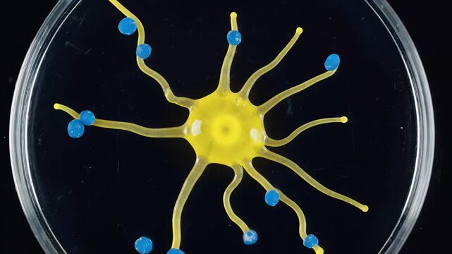 A small yellow sphere on a petri dish against black background