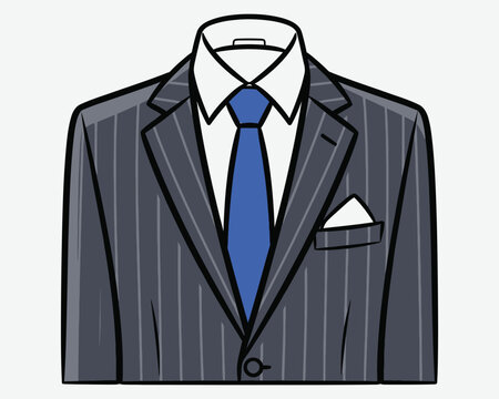 Stylized illustration of a men's pinstripe suit with blue tie
