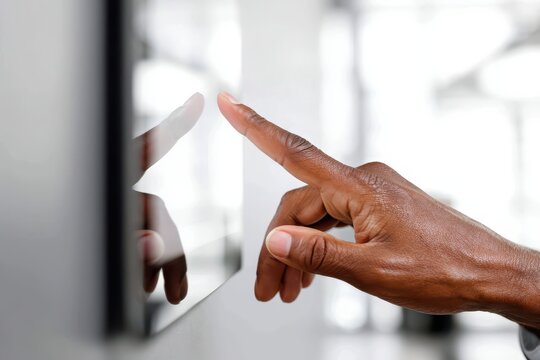 Close-up of a Black person's hand touching a reflective digital screen with a blurred background.