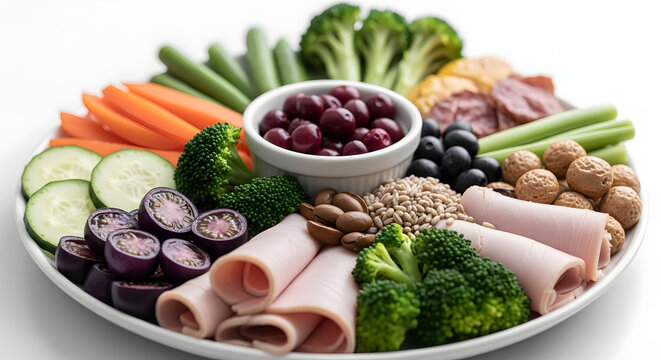 A vibrant and appealing snack platter showcasing a variety of fresh fruits, vegetables, nuts, and sliced meat. Ideal for health-focused content, dieta