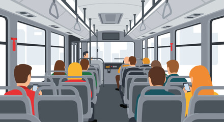 Fototapeta premium Diverse passengers sit in rows on a modern gray bus while some individuals look at their smartphones during a quiet commute through the city streets.