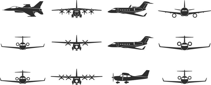 Airplane icon set with commercial jets, cargo aircraft and small planes in front and side views isolated on white background for aviation design