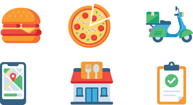 Food delivery service flat vector icons set featuring burger pizza scooter mobile app tracking restaurant building and order completion checkmark illustration