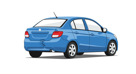 Fototapeta premium A pristine blue compact car displays a minor localized dent on its rear bumper while positioned against a stark white studio background for inspection.