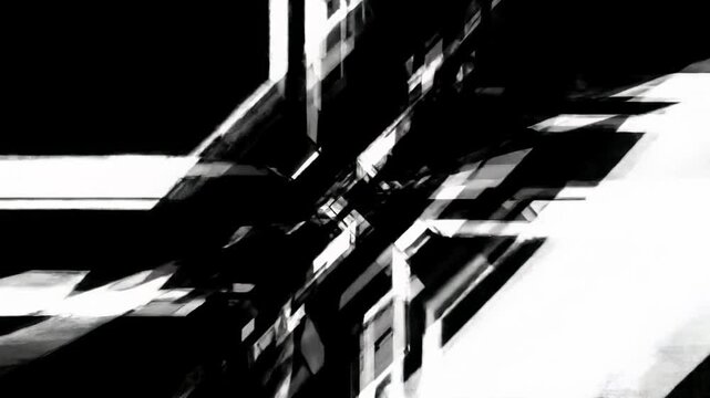 Abstract high-contrast cg animation with black & white geometric shapes & lines on an infinite digital canvas, rapidly moving & resolving into precise patterns, concept of digital clarity and