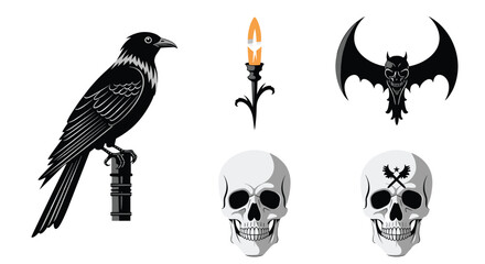 Obraz premium A meticulous collection of gothic illustrations featuring a dark raven perched on a post beside various human skulls and a flickering medieval wall torch.