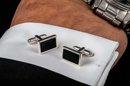 Elegant silver cufflinks with black onyx inlay resting on a crisp white shirt cuff, alongside a luxury watch.
