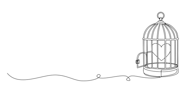 Minimal line drawing of an open birdcage with a small bird perched nearby.