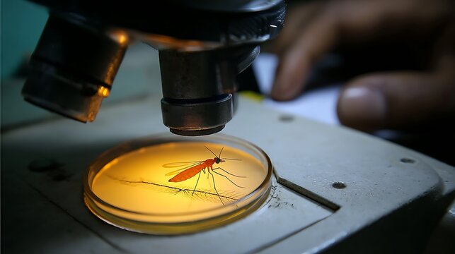 A mosquito under a laboratory microscope for research
