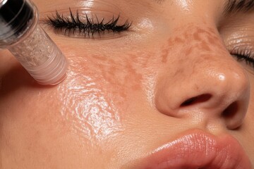 Fototapeta premium Close-up of a woman's face undergoing microdermabrasion treatment for skin rejuvenation and exfoliation.