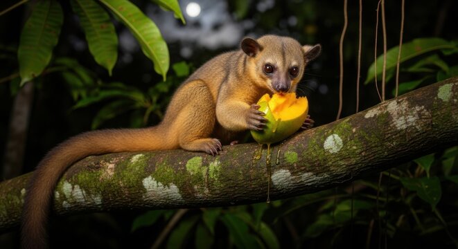 Cute Kinkajou Eating A Fresh Tropical Fruit In The Night Forest Canopy
