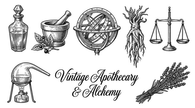 Vintage Apothecary and Alchemy Illustration Set, Hand Drawn Engraving of Medieval Science, Herbal Medicine, Mandrake, Armillary Sphere, and Lab Equipment
