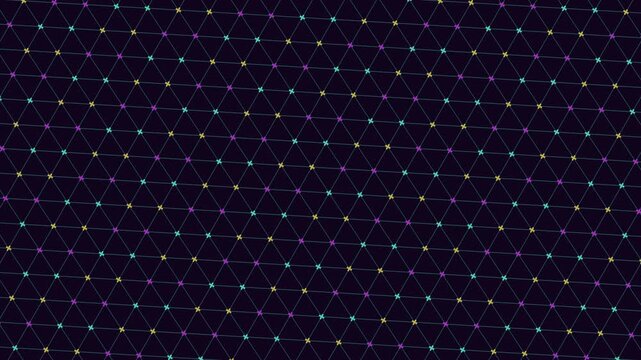 Abstract footage of a glowing geometric grid with neon nodes and connecting lines on a dark background, ideal for technology, data network, science, and digital design themes