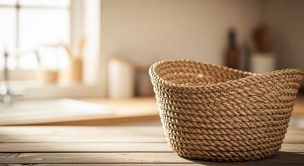 Fototapeta premium Woven Basket on Rustic Table with Natural Light