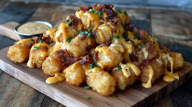 Loaded tater tots with melted cheddar cheese, crispy bacon, and chives served on a rustic wooden board
