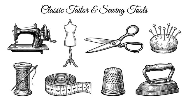 Vintage Tailor and Sewing Tools Vector Illustration Set Including Sewing Machine, Scissors, Mannequin and Spool